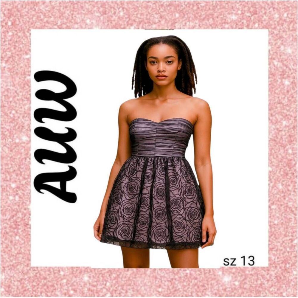 Pink Mini Cocktail Dress Strapless Sheer Black Tulle Rosettes Over Pink Satin